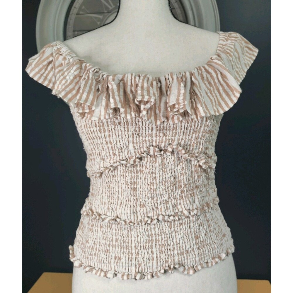 Anthropologie Crop Smocked Top Size XS Pink White Striped Off Shoulders Ruffle